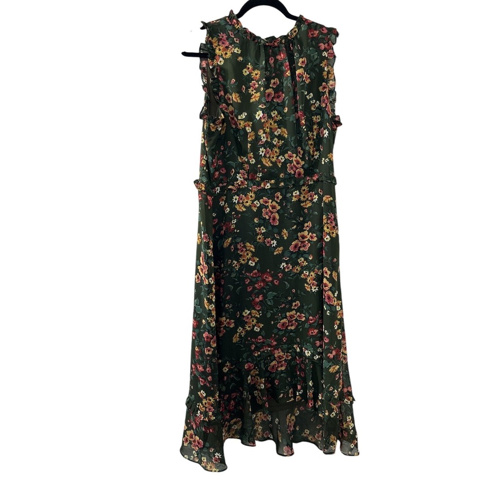 Julia Jordan Floral Chiffon Midi Dress 12 Green Ruffle High-Low Cottagecore Boho
